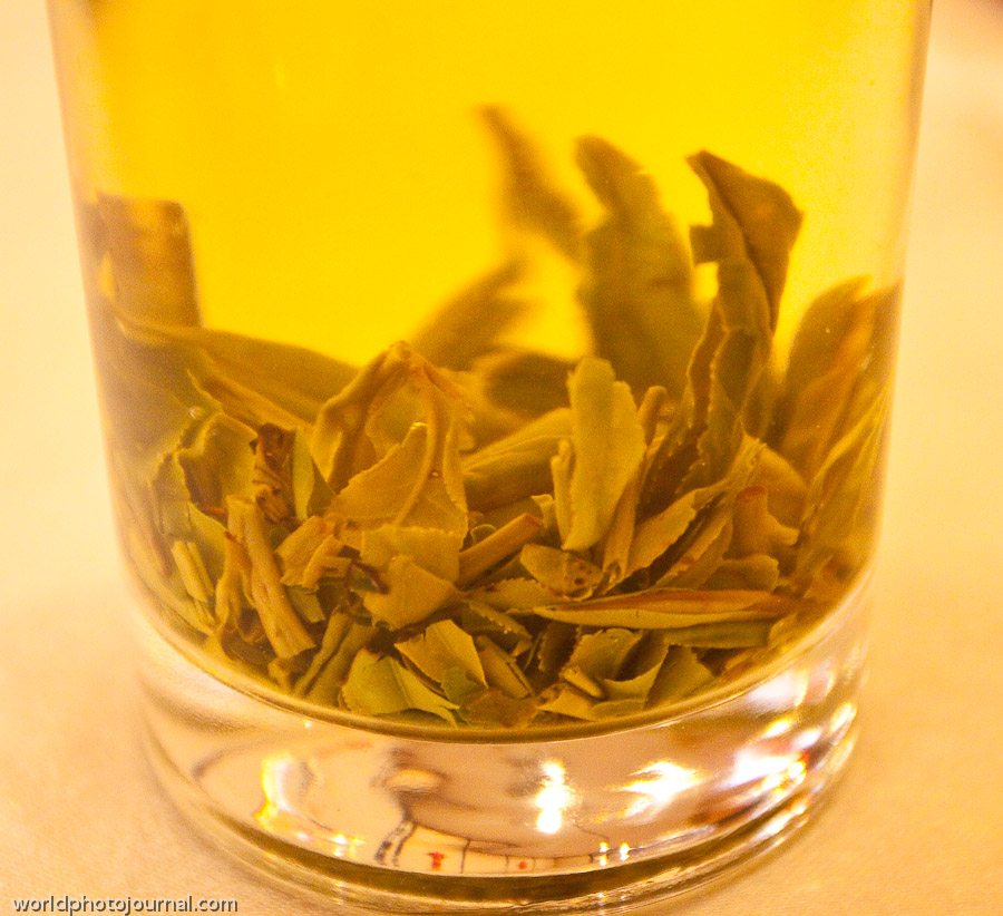 Beijing Green Tea Leaves Steeped in Hot Water