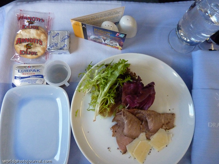 Sliced Beef with Mixed Greens and Potatoes - Business Class Airline Meal