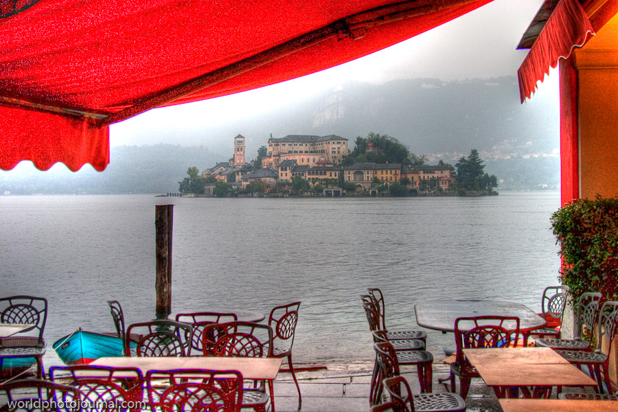 Lake Orta Restaurant View, San Giulio Island Piedmont Italy
