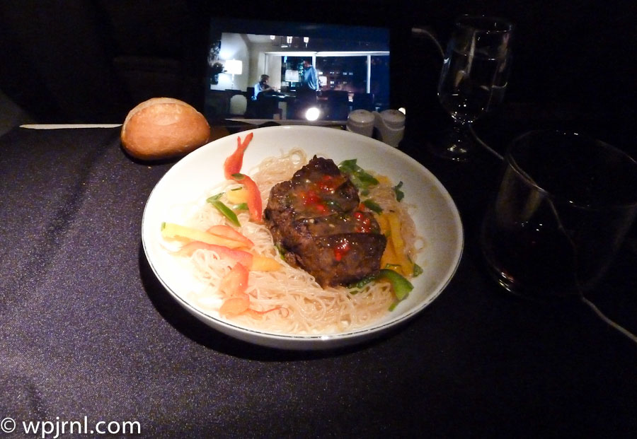 Pan-Seared Beef with Stir-Fried Vegetables and Rice Noodles